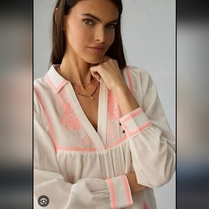 Pilcro Anthropologie White Blouse with Pink Embroidery